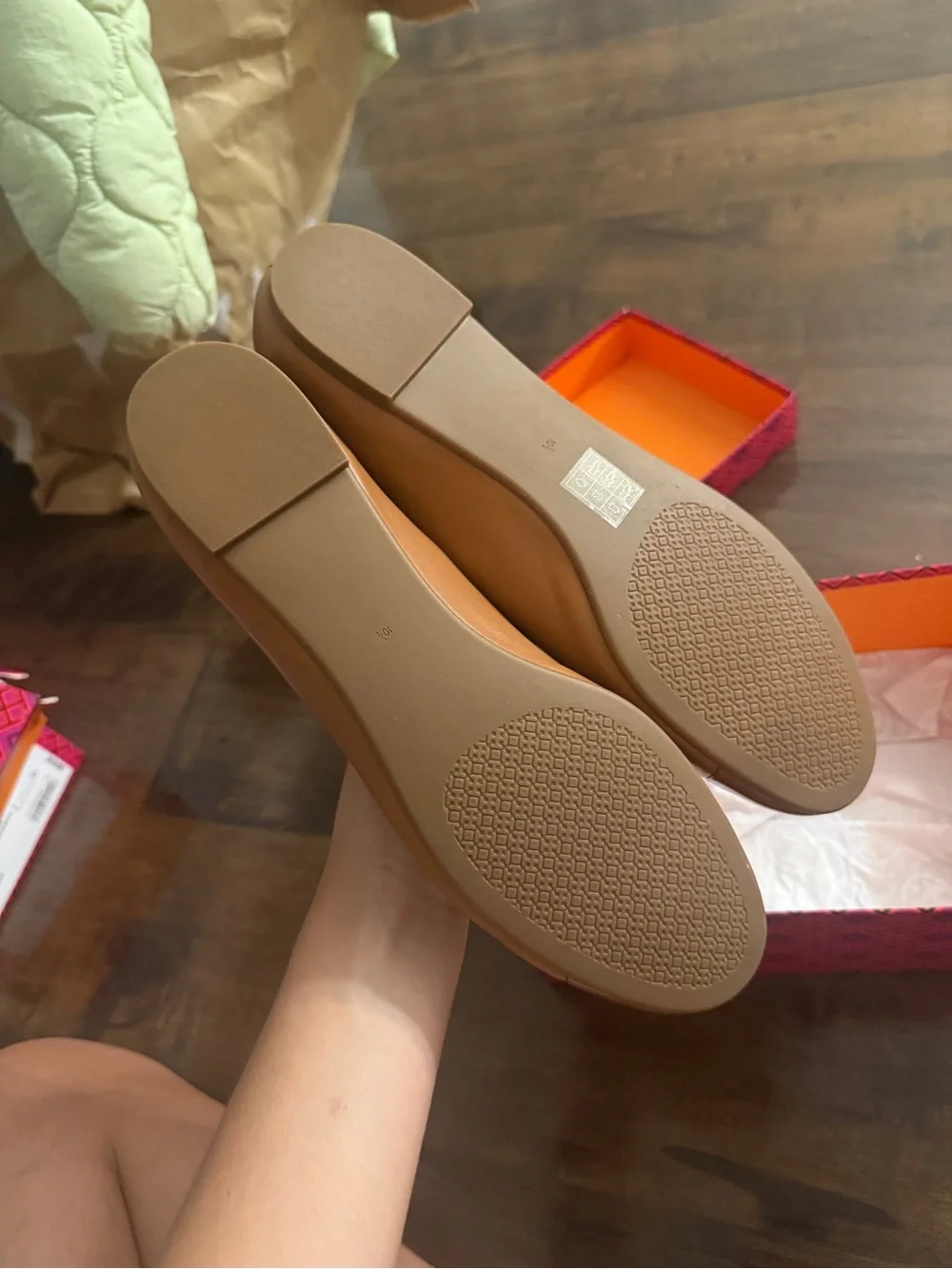 Tory Burch Cognac Leather Ballet Flats with Gold Logo